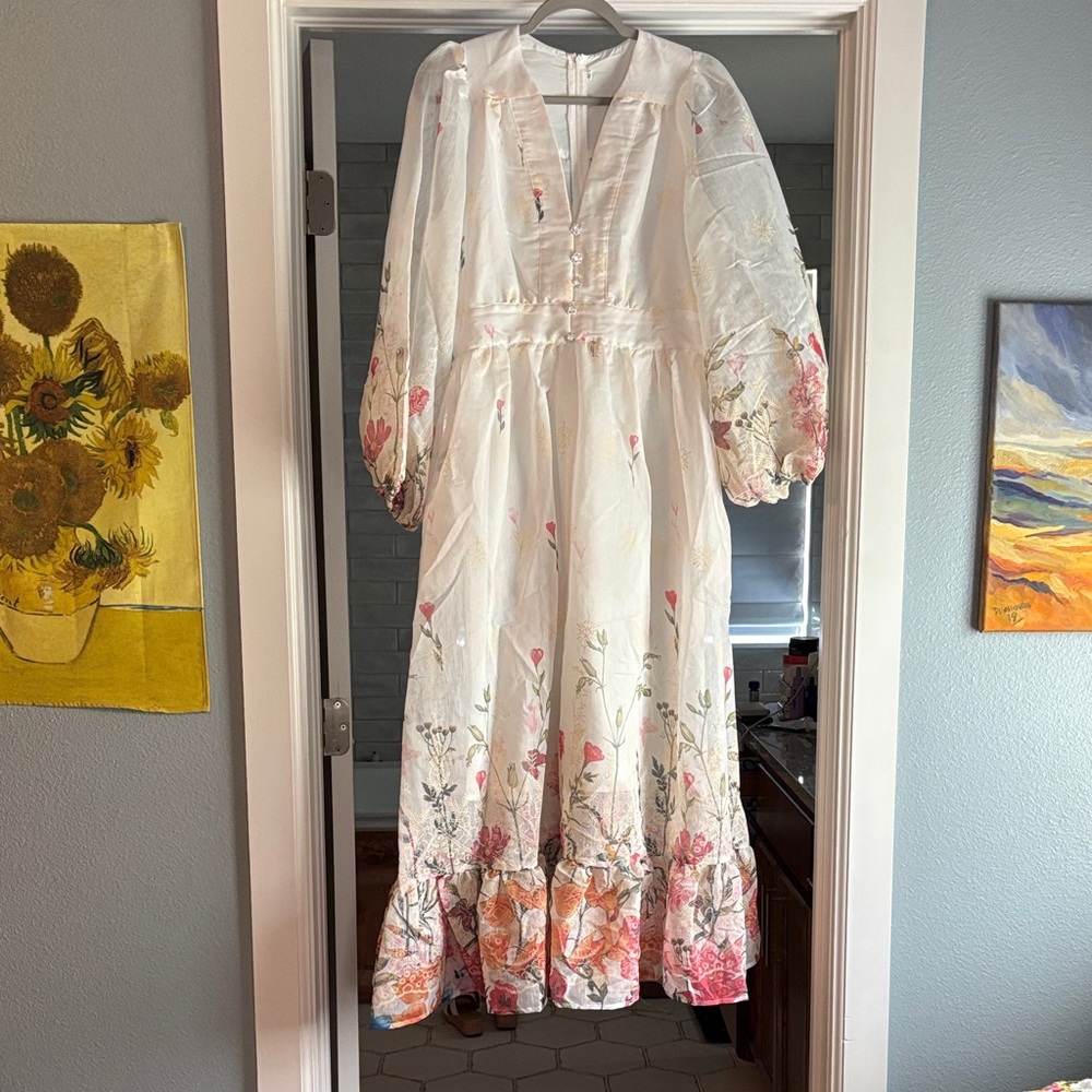 Boho Floral Puff-Sleeve Maxi Dress - White with Pink & Orange Floral